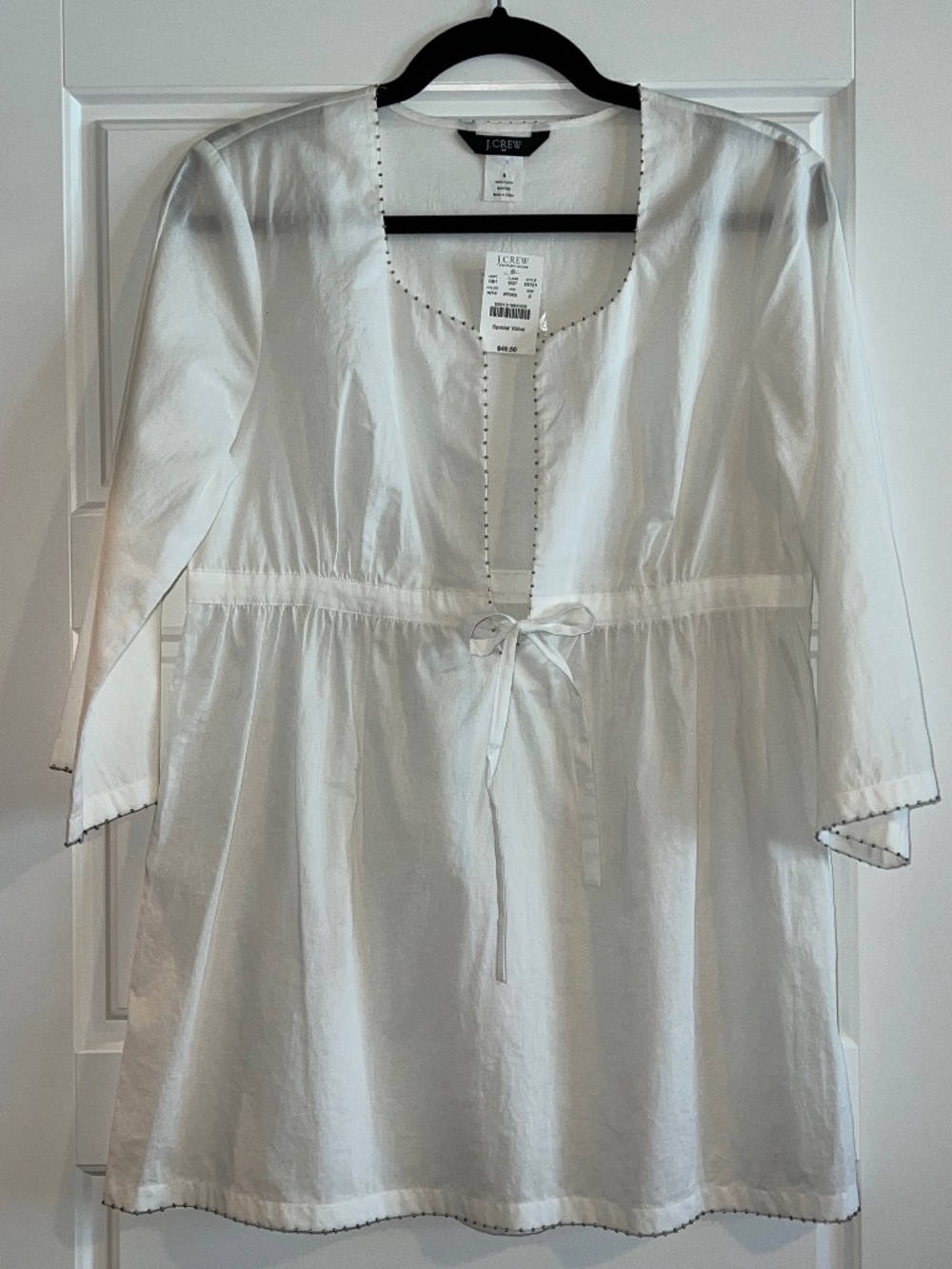 J.Crew White Cotton Beaded Trim Empire Tie Waist Tunic Top Size S